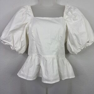 Rachel Parcell Shirt Womens 4 White Puff Sleeve Peplum Romantic Boho Cottagecore